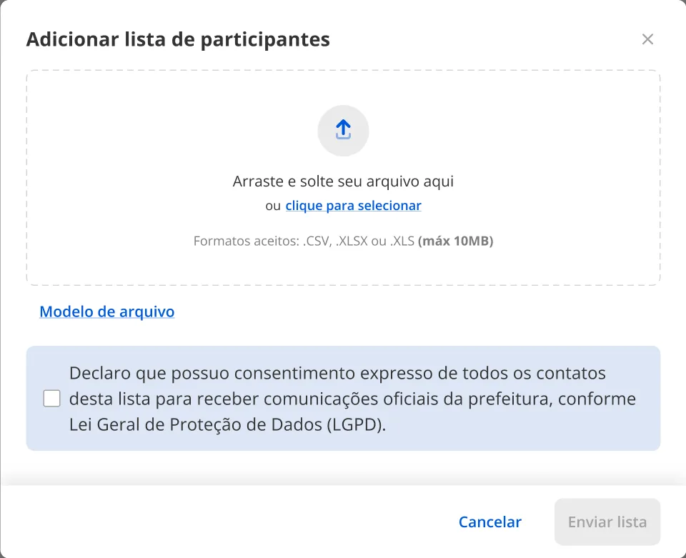 Modal de adicionar lista com declaração de consentimento conforme a LGPD