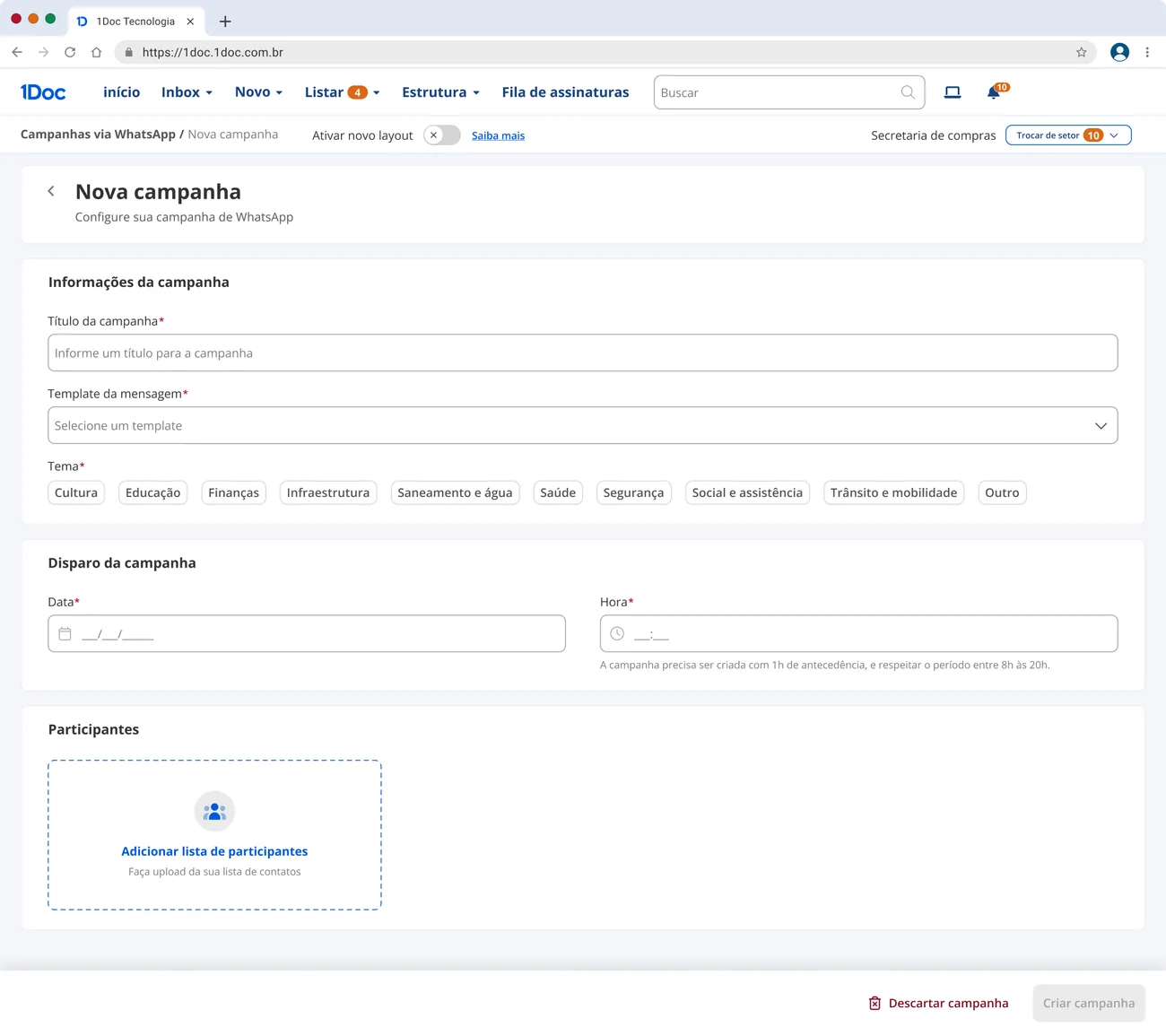 Nova campanha: título, tema e agendamento do envio
