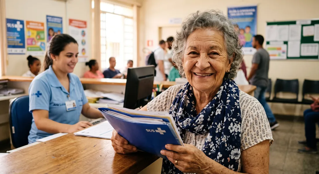 Cidadã sorridente no balcão de atendimento de uma unidade de saúde