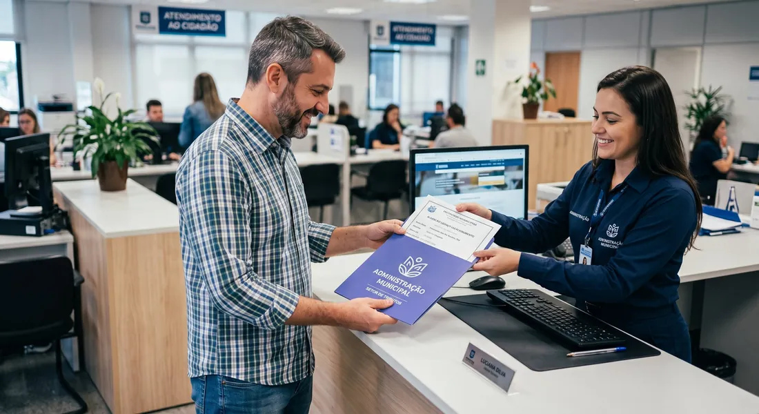 Cidadão recebe documento no atendimento do setor de tributos